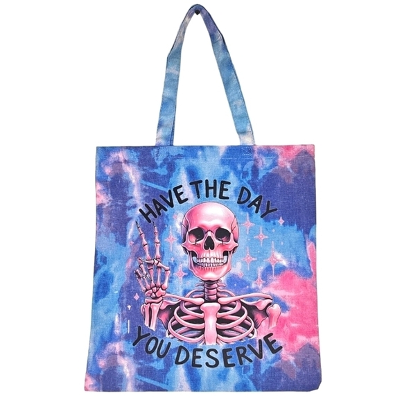 Have The Day You Deserve Skelly Pink and Blue Tie Dye Canvas Tote Bag - Picture 1 of 2